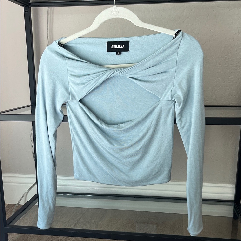 SER.O.YA Light Blue Twist Cutout Long Sleeve Crop Top